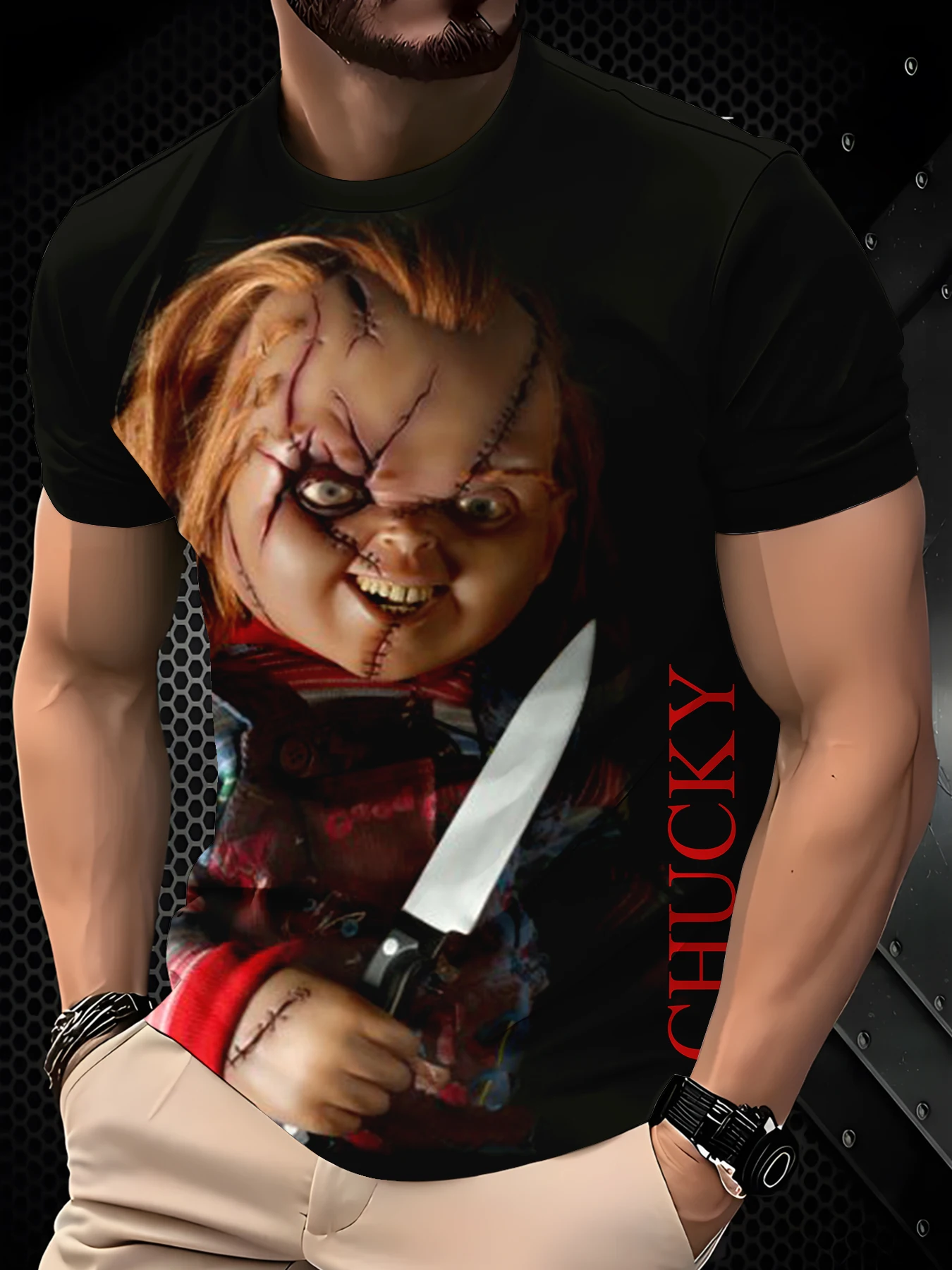 Men Spooky Stitched Figure Portrait Crew Neck Short Sleeve T-Shirt