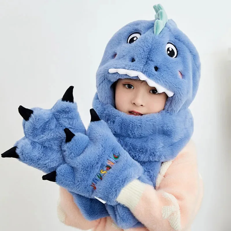 Children\'s Hat Winter Boys and Girls Baby Winter Warm Cute Dinosaur Plush Neck Scarf One Piece Set