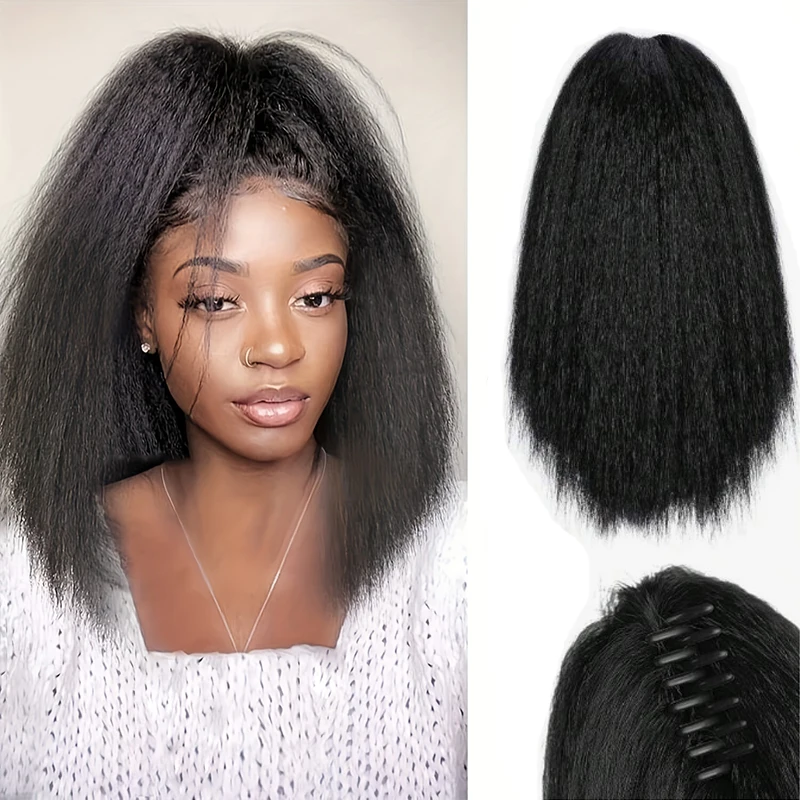 ياكي مخلب كليب وصلات شعر الاصطناعية غريب مستقيم وصلات شعر ذيل حصان أسود رقيق سميكة ذيل حصان للنساء السود #1