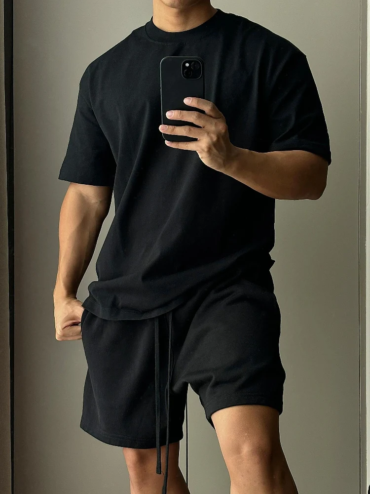 Set van puur katoenen shorts met korte mouwen voor heren, trendy Europees en Amerikaans high street los sport- en vrijetijds-T-shirt