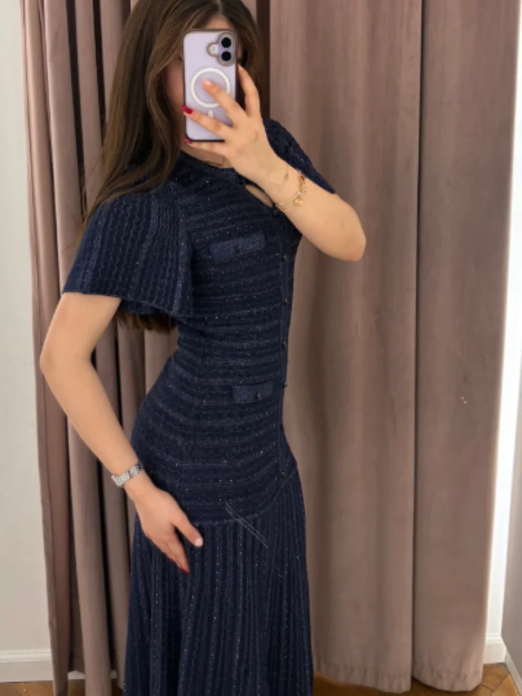 

Women Tweed Knitted Maxi Dress Elegant Short Sleeve Sparkly Glitter Long Dress Formal Evening Party Wedding Guest Bodycon Dress