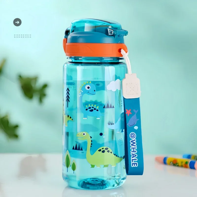 

600ml Dinosaur-Themed Kids Water Bottle, Leakproof Sippy Cup with Silicone Straw, BPA-Free Plastic Summer Drinkware for Children