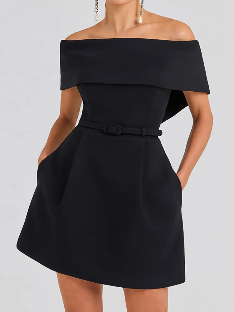 Women Belt Patchwork Short Sleeve Mini Dress, Spring Summer Fashion Slash Neck Party Dress, Solid Off The Shoulder Ladies Dress