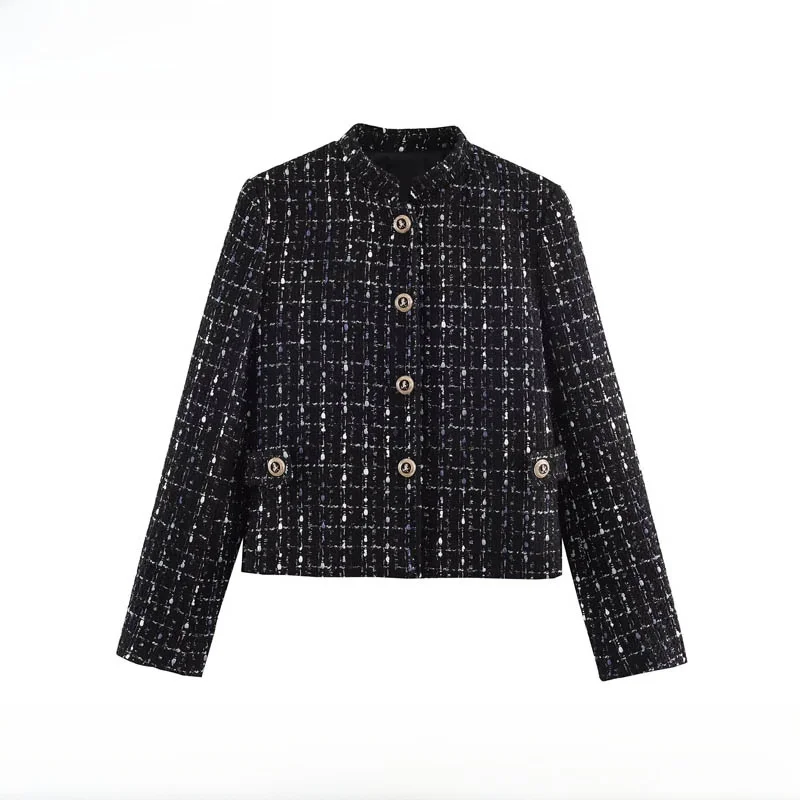 

Модный женский укороченный жакет с высоким воротником, металлическим отливом и текстурой, новинка ZR Sle, зимний, теплый, из полиэстера.