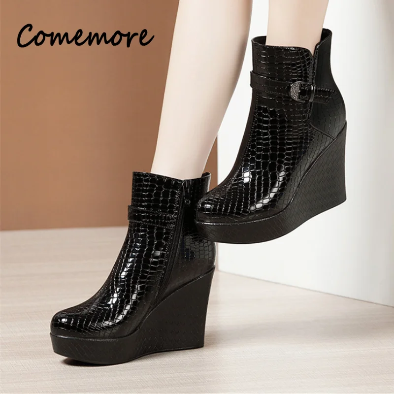 Comemore Women Casual Wedges Platform Ankle Boots Leather Shoes Woman Heel Designer Boots Black High Heels Women\'s Heeled Shoe