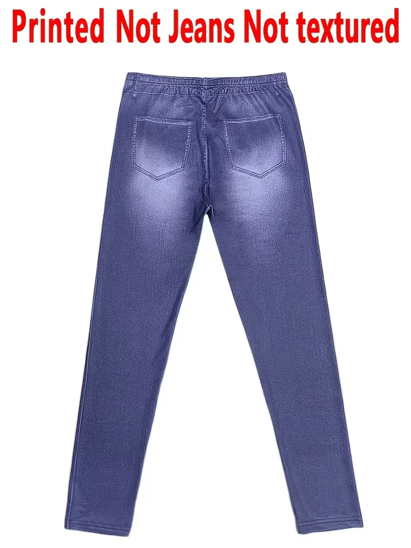 Bedruckte Leggings für Damen, kein Denim-Stoff, Hosen mit aufgesetzter Tasche und Knopfdruck-Design, hochelastisch, modisch, schmal geschnitten, lässig. – Detail 6
