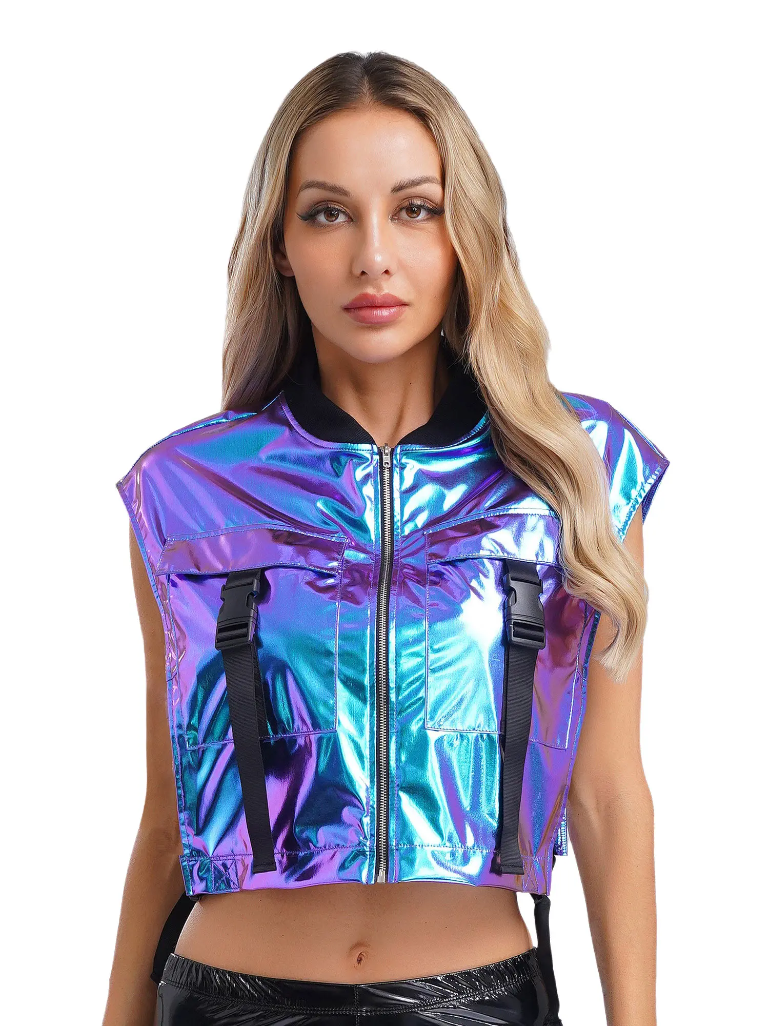 

Women Sparkly Metallic Cropped Vest Pockets Buckle Zipper Cargo Cyberpunk Jacket Streetwear Tank Tops Rave Outfit Club Wear