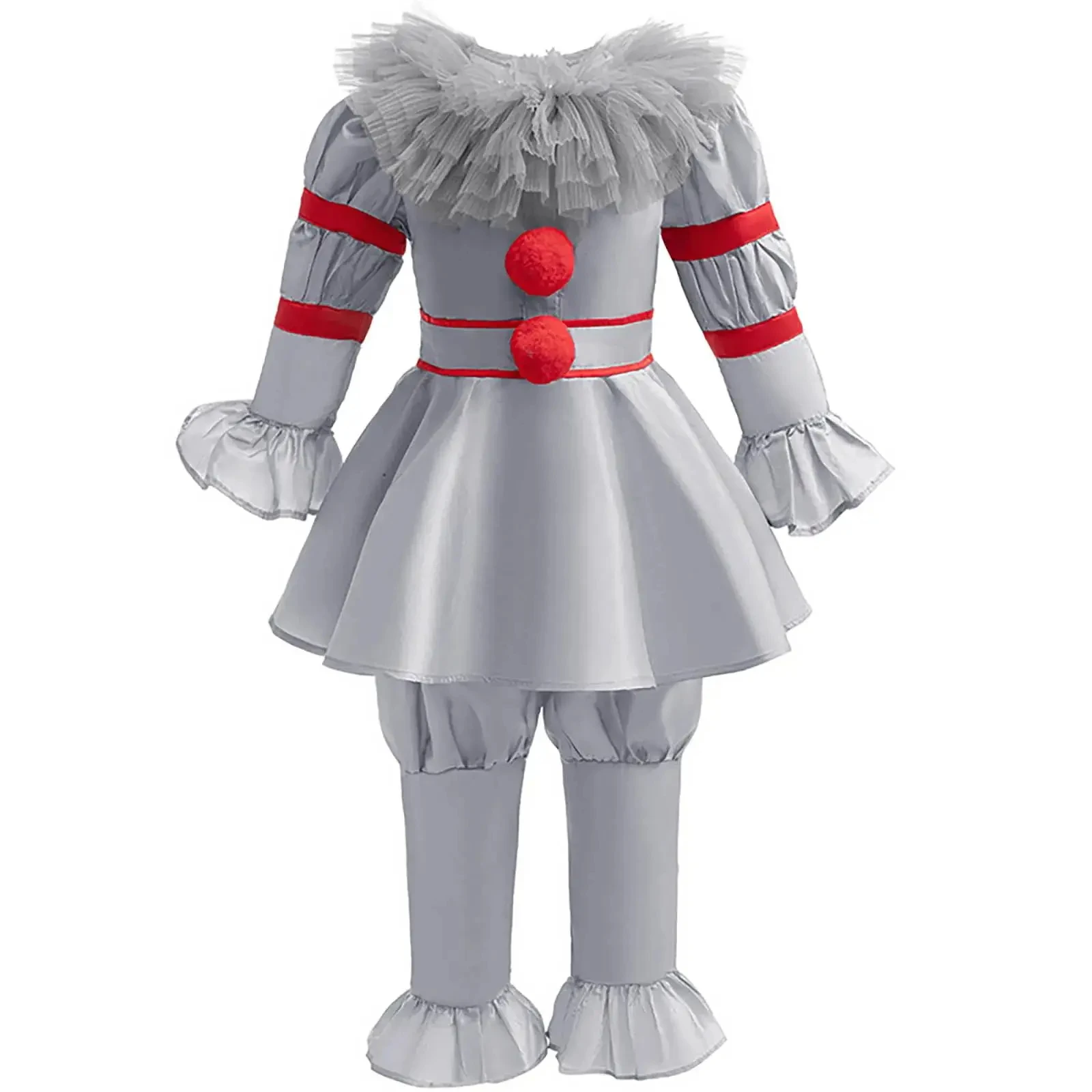 

Halloween Cosplay Costume Unisex Kids Silver Grey Ruffle Neck Long Sleeves Horror Clown Top And Pants Set Carnival Circus Outfit