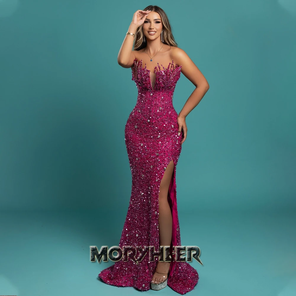 MORYHEER Sparkly Sequins Evening Dress Slit Mermaid Rhinestones Pearls Sleeveless Pageant Party Gown Vestidos De Gala Customized