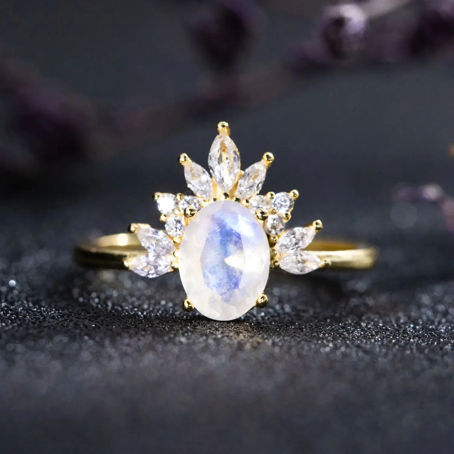 Moonstone Engagement Ring for Women Rose Gold Curved Marquise Cut Zircon Art deco Prong set Wedding Rings Anniversary Gifts