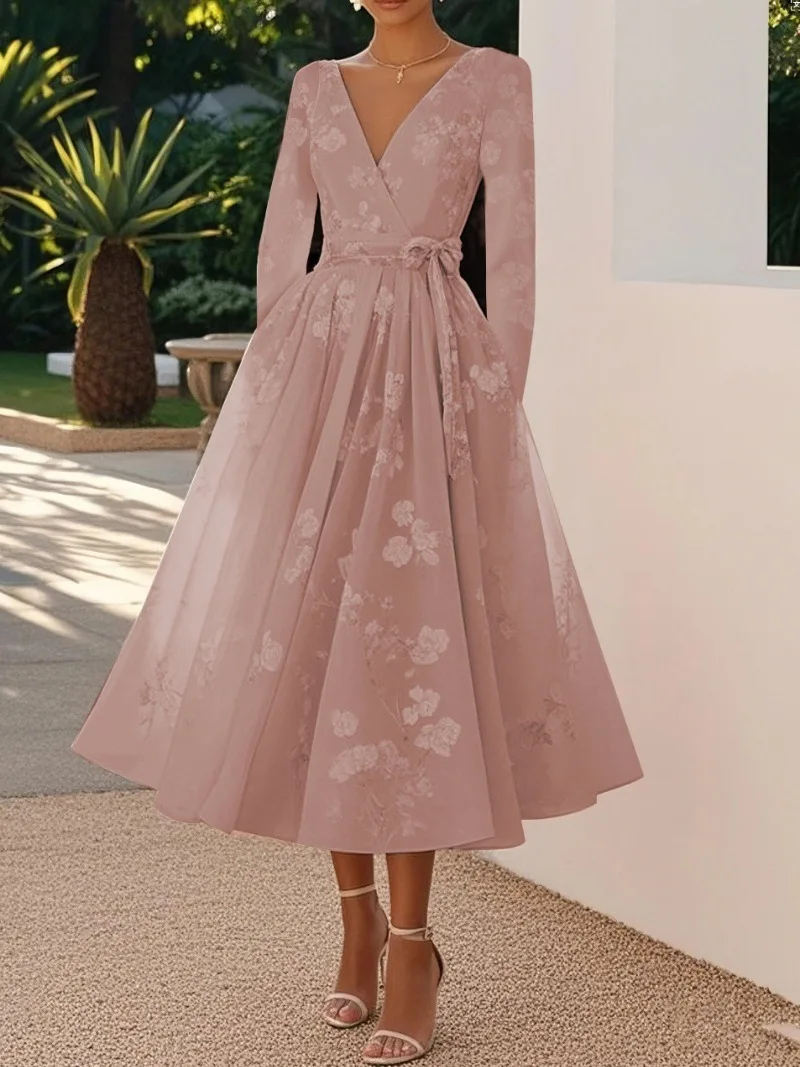 Damesjurk met print en vlinderdas Elegante banketjurk 2025, nieuwe luxe gastfeestavondjurk Chique sjerp Midi Maxi