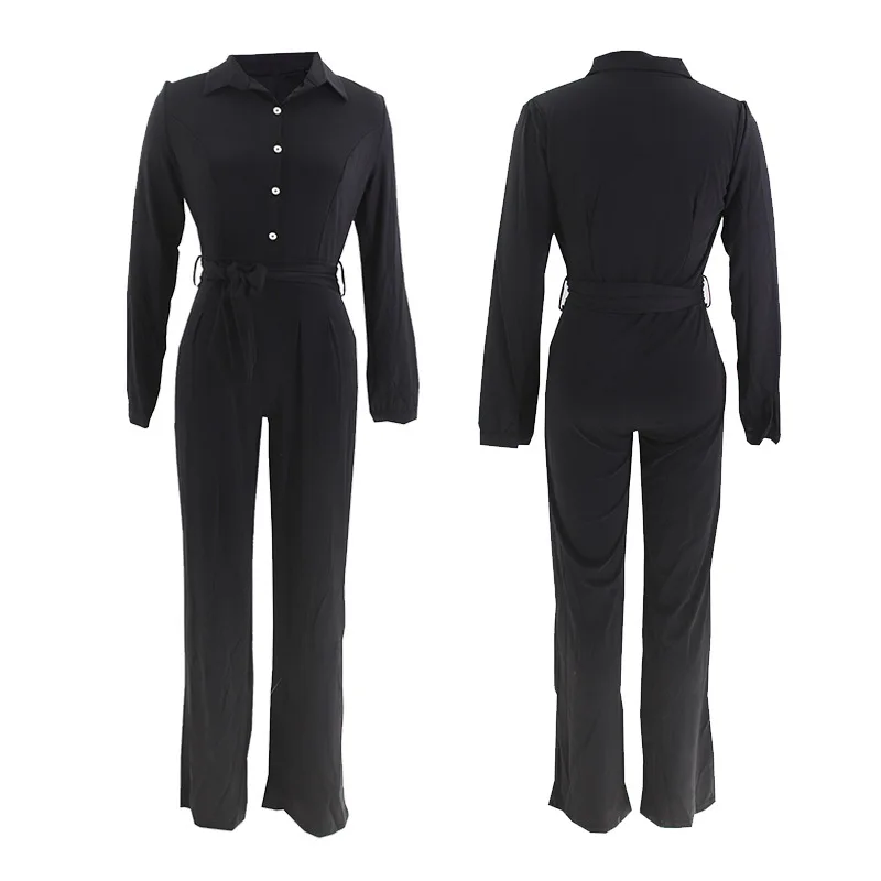 TM8074 レディースの新しいソリッドカラーのハイウエスト ストレート カジュアル シャツ、襟ジャンプスーツとベルト付き