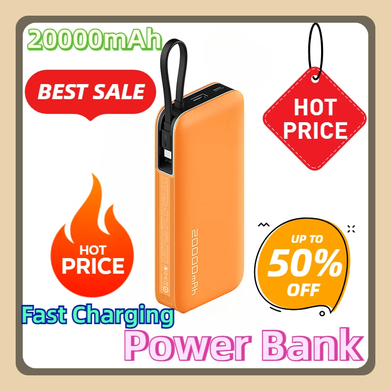 For IPhone 15 Xiaomi Built in Cable Power Bank 20000mAh 55W Max USB C 2-Way Fast Charging