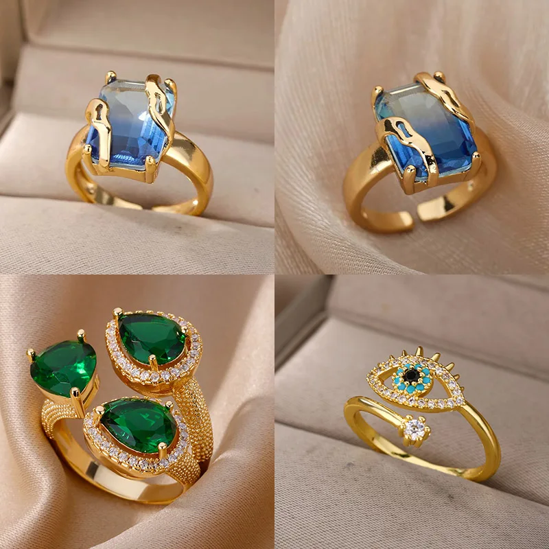 Anillos de piedra cuadrada azul de circón cúbico para mujer, anillo de dedo de piedra cuadrada de acero inoxidable, regalo de joyería de San Valentín de estética de fiesta