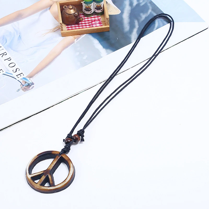 Retro Handmade Peace Symbol Pendant Necklace Long Rope Chain Ethnic Jewelry