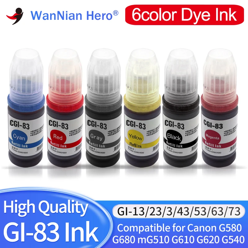 6pcs 70ML Dye Ink Refill Ink GI-83 GI-53 43 33 23 13 Compatible for Canon G580 G680 G650 G570 G670 G590 G595 G690 G695 Printer