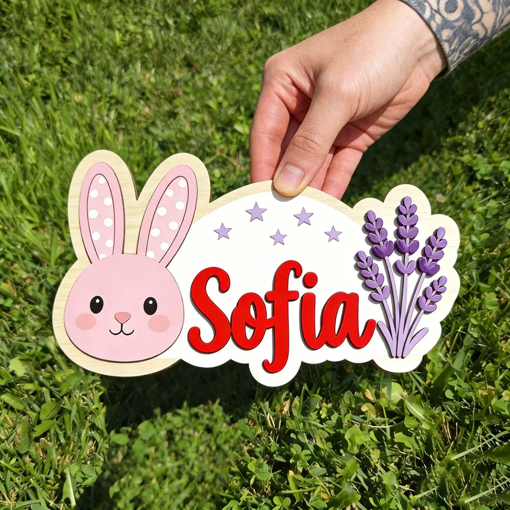 25cm Personalized Pastel Bunny Lavender Name Wooden Plaque Custom Girls Bedroom Door Sign Cute Floral Themed Nursery Decor Uniqu