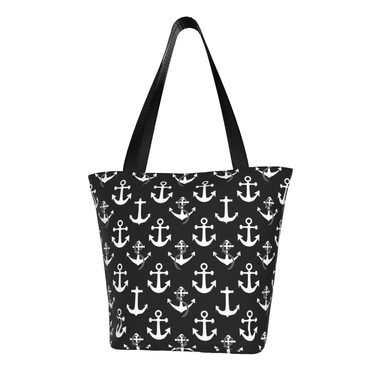 Custom Black And White Nautical Anchor Pattern Shopping Bag Women Shoulder Canvas Tote Bag Portable Grocery Shopper Bags