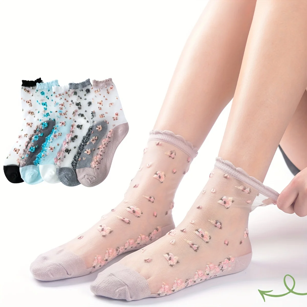 Women's 5-Pair Pack Ditsy Floral Polyester Knee-Length Socks with Lettuce Trim – Stylish & Comfy