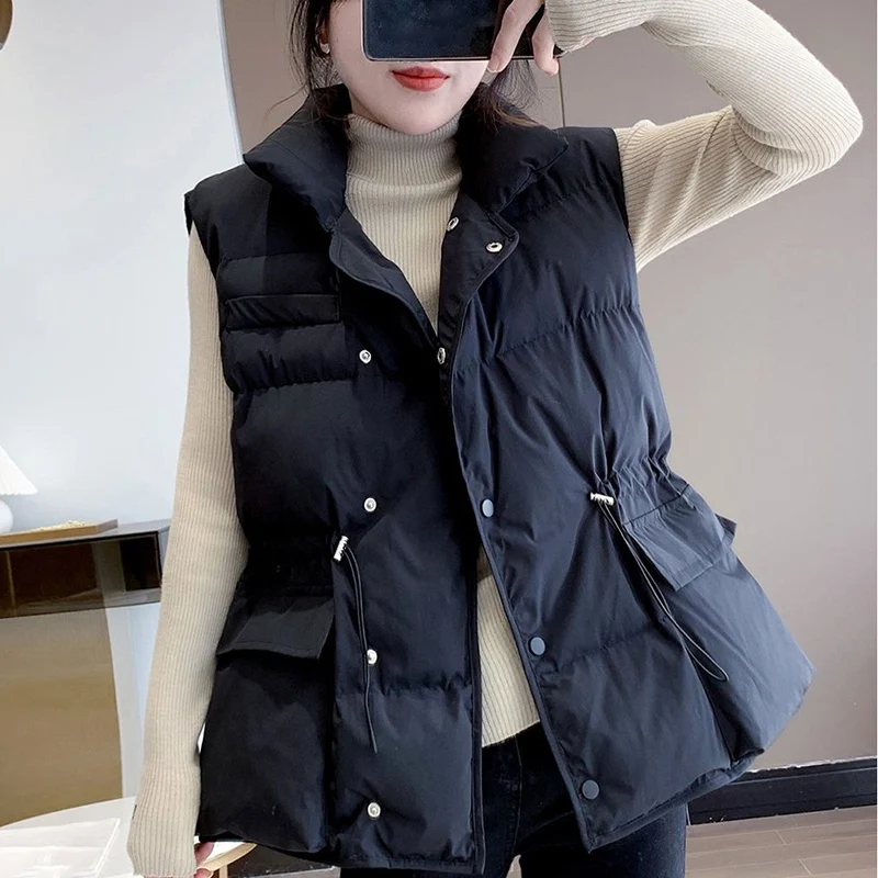 

Women Loose Thicken Sleeveless Jacket Elastic Drawstring Fashion Elegant Cardigan Warm Coat Winter Casual Female Cotton Vest