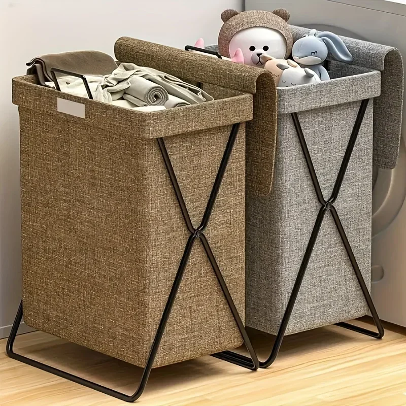 Foldable Canvas Metal Frame Laundry Baskets Suitable for Bathroom Bedroom Toy Clothing Organization Space Saving Storage Basket