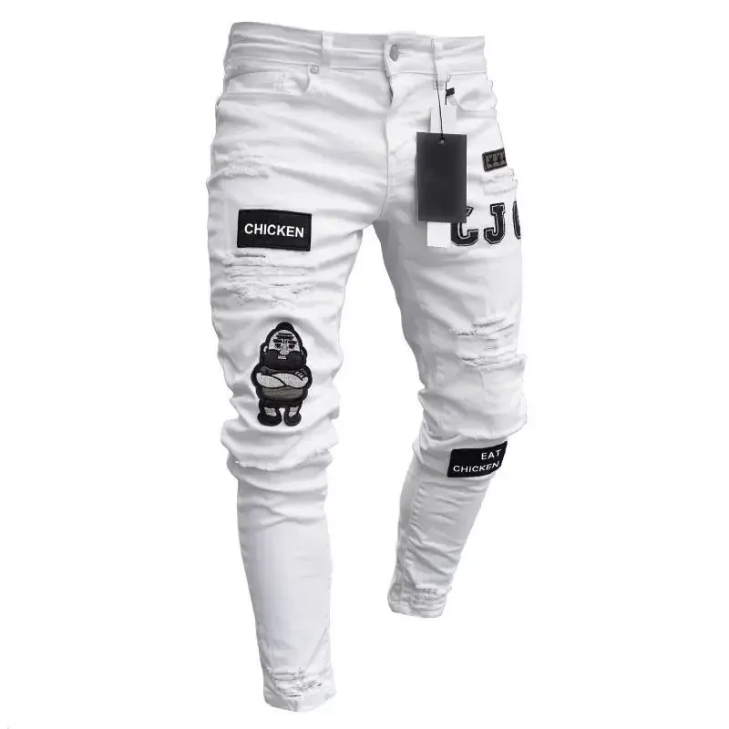 PUNK PLUS ขนาดกางเกงผู้ชาย Skinny Ripped Hole Patchwork กางเกงยีนส์ดินสอ DENIM Hip POP กางเกงฤดูใบไม้ร่วงฤดูหนาว Streetwear ผู้ชาย