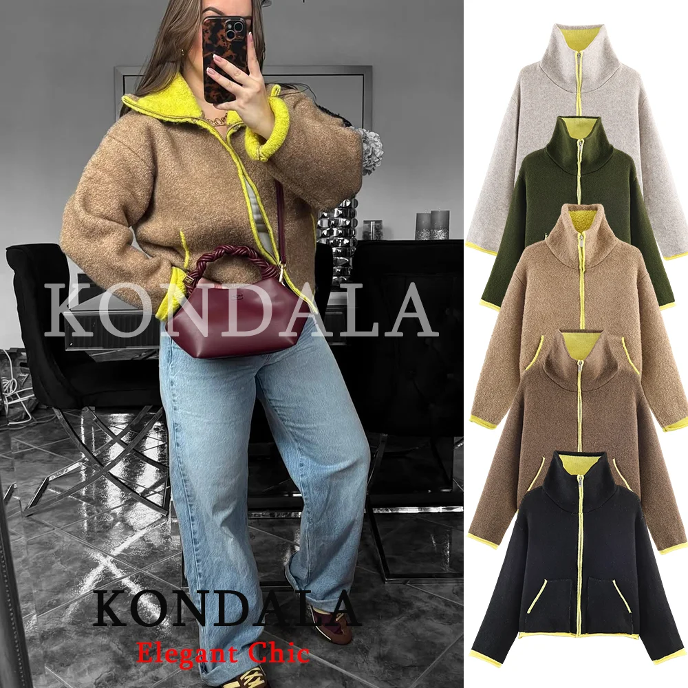 

KONDALA женская цветная контрастная водолазка, короткая вязаная куртка, весна-осень 2026, модная повседневная уличная куртка для девочек на вечеринке