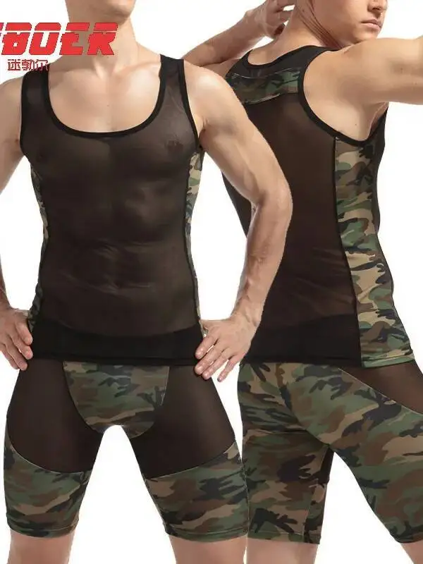 Conjuntos de pantalones cortos de malla ajustados para hombre, pijamas sexys, pantalones cortos Casaul transparentes, conjuntos de tirantes sin mangas con cuello en U, conjuntos de pantalones cortos LFZD