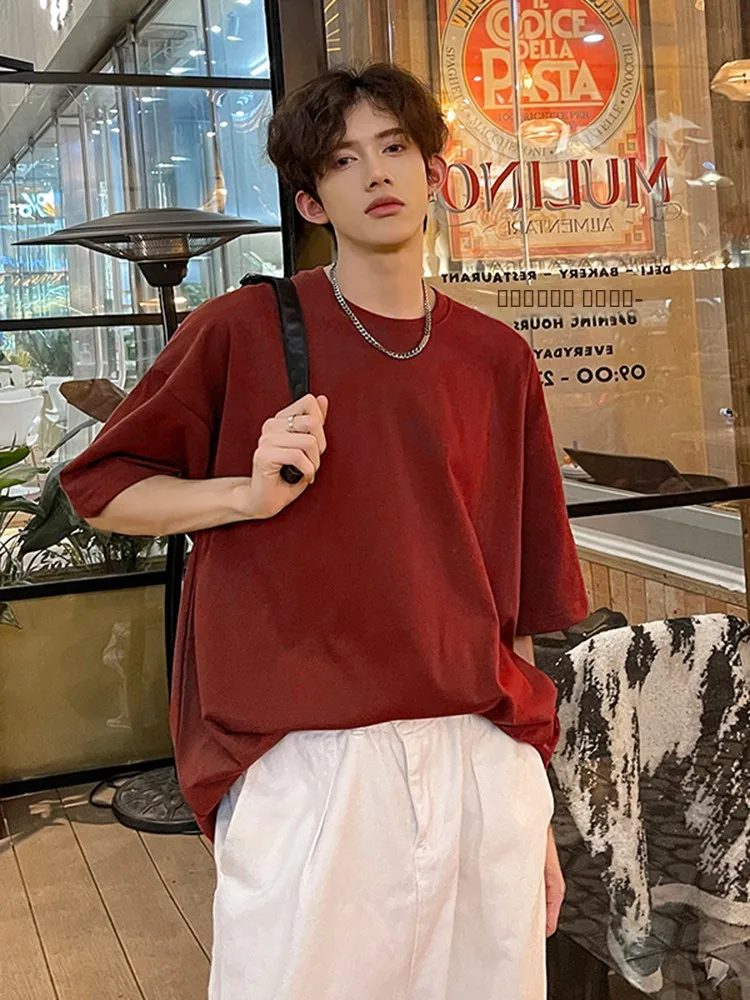 

Heavyweight Pure Cotton Small Collar T-irt Men's American Retro Tee Needle Brued Cotton ort Sve Japanese Hong Sl...