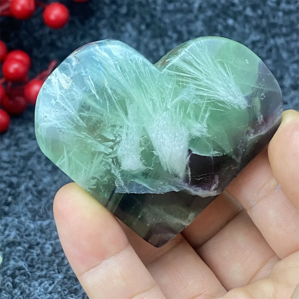 Natural Rare Feather Fluorite Hand Polished Crystal Heart Shape Polished Power Gemstone Holiday Gift Home Decor