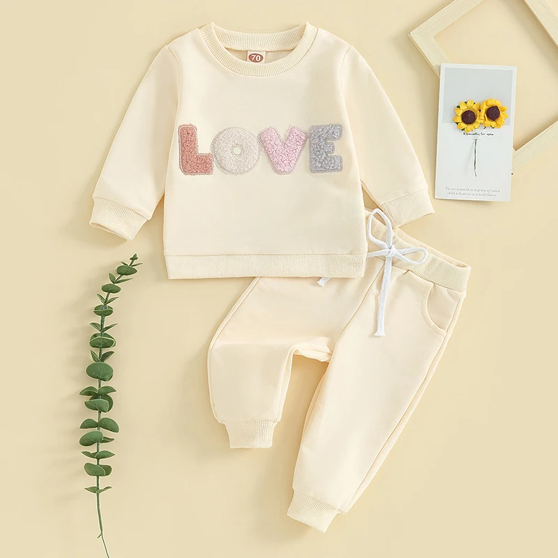 Tregren 0-3Y Toddler Baby Girls Outfit Plush Letter Embroidery Long Sleeve Sweatshirt Elastic Pants 2pcs Set Infant Fall Clothes