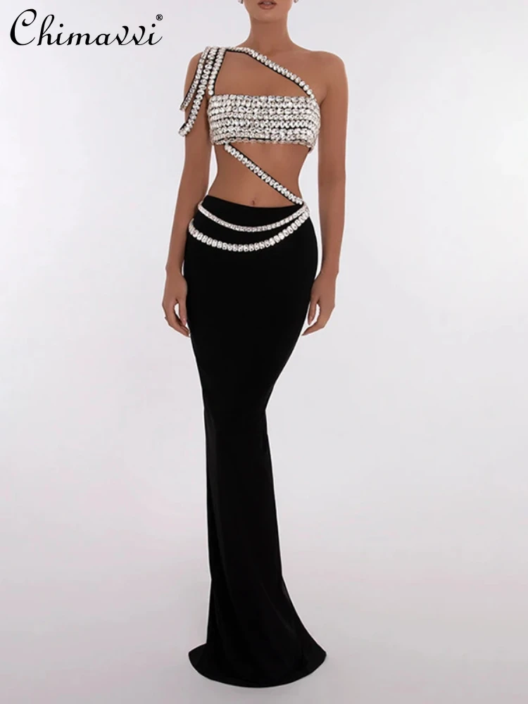 American Style Fashion Hand-Stitched Rhinestone Oblique Shoulder Tube Top Long Sexy Sheath Skirt Two Piece Sets Womens Outifits