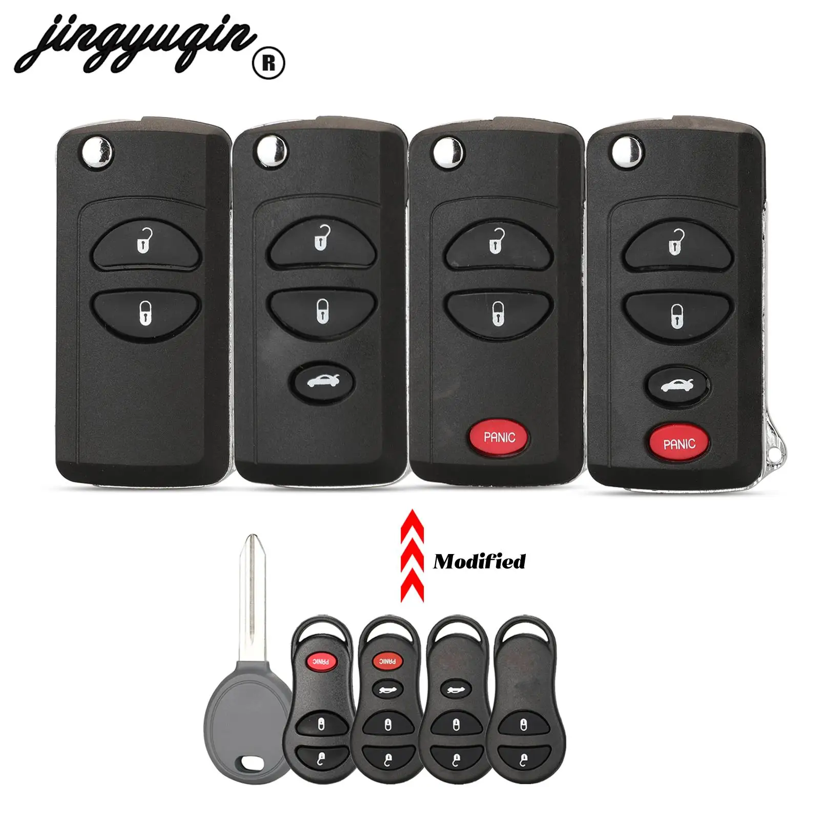 jingyuqin Modified Remote Key Case Shell For Chrysler Dodge Stratus Ram Durango Dakota Jeep Grand Cherokee FOB 2/3/4 Buttons