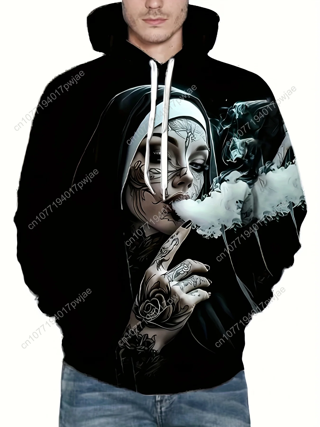 Sudadera con capucha gráfica 3D para hombre, color negro con diseño de tatuaje y cigarrillo blanco, sudadera informal, ajuste regular cómodo para Ca