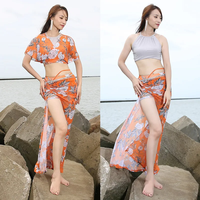 

Индивидуальный костюм для танца живота, женский тренировочный наряд, сексуальная одежда для восточного индийского танца, топ и юбка с принтом, бюстгальтер для танца живота