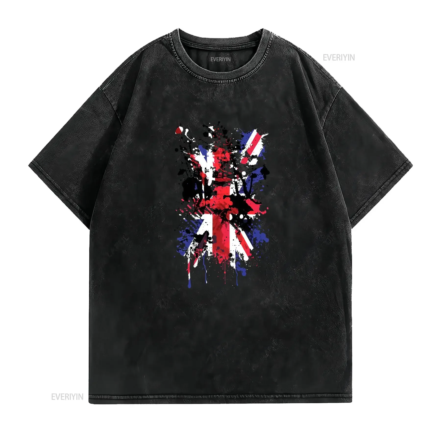 Streetwear Cool British Union Jack Splatter Graffiti Print Casual T Shirt vintage Washed Slightly Stretched Comfortable