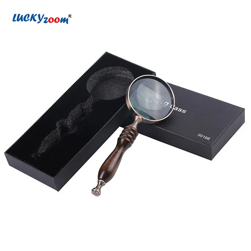 Classic 10X Reading Magnifier Metal Handheld Magnifying Glass Wooden Handle Jewelry Loupe Black Color Box Gift 72MM Retro Lupe