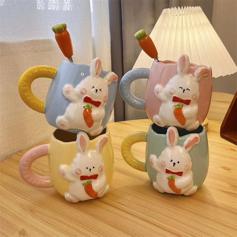 Korean Style Cute Rabbit Ceramic Mug Cartoon Hand-painted Embossed Coffee Cup Household Milk Cup with Handle Spoon suit