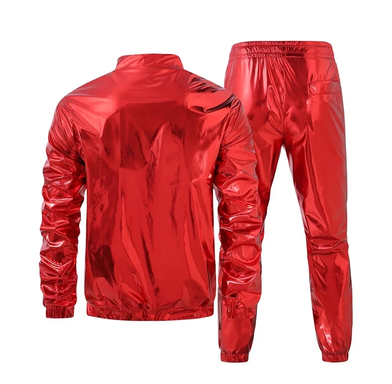 Men's Red Stand-up Collar Jacket Paired with Elastic Waist Pants. Nightclub/stage Performance Two-piece Set. Asian Sizes M-5XL