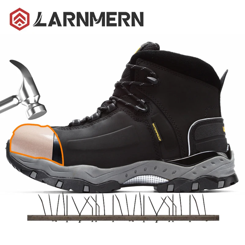 LARNMERM-botas de seguridad antiestáticas para trabajo, zapatos impermeables con punta de acero, de cuero genuino, a prueba de puntuación, para