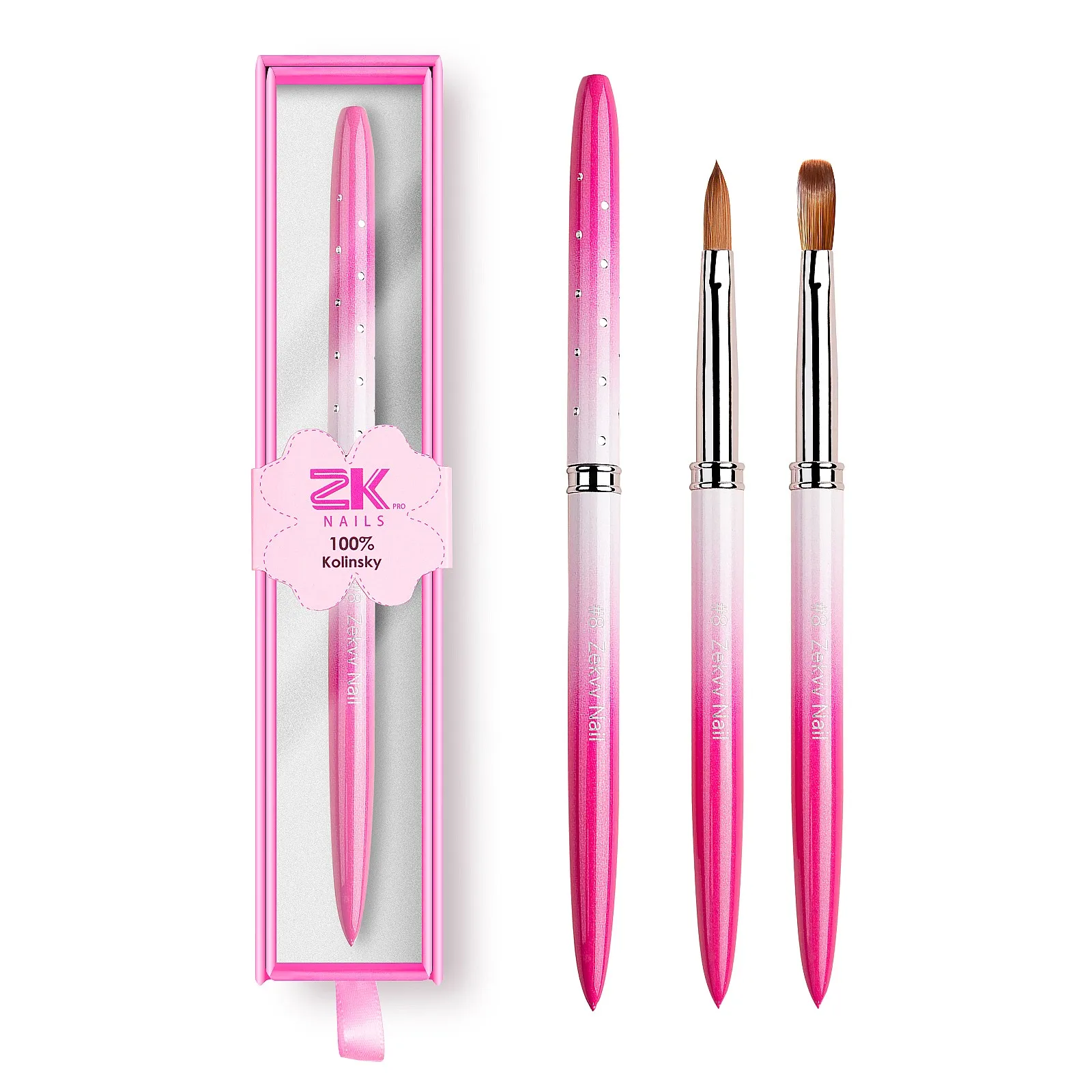 Pink Metal Handle Custom Logo Crimped Nail Powder Brush Professional Kolinsky Acrylic Nail Brush Sizes 6-18