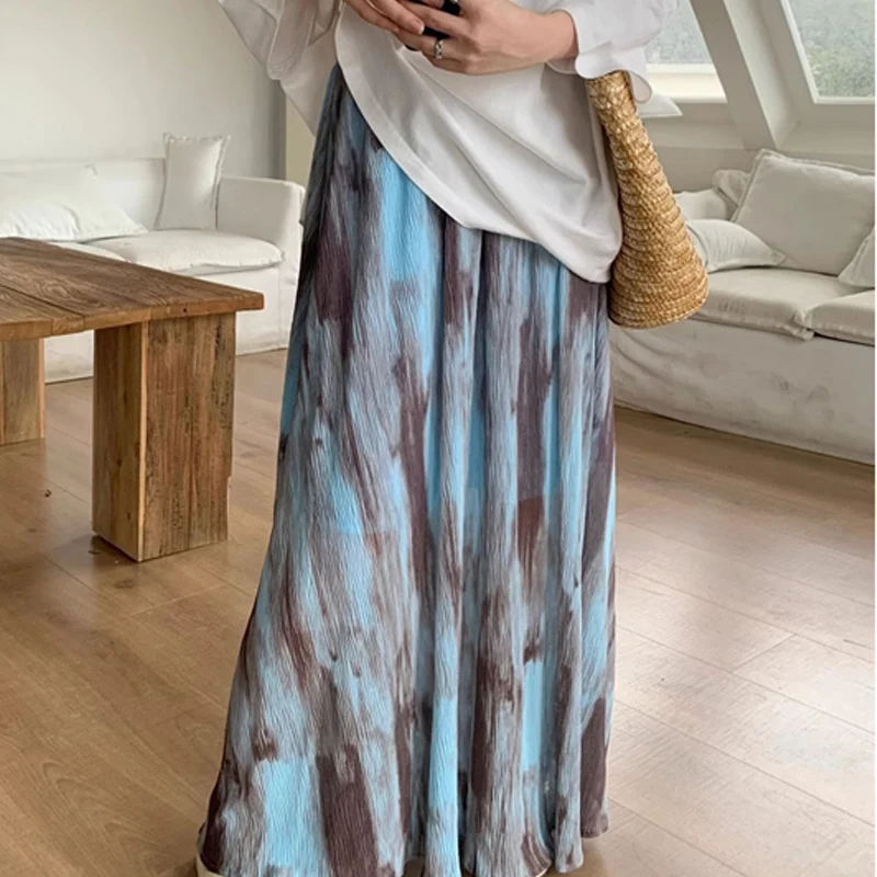 TFETTERS Brand Summer Retro Tie Dye Long Skirt for Women Elastic Waist Flattering Design Vacation Half Dress for Ladies