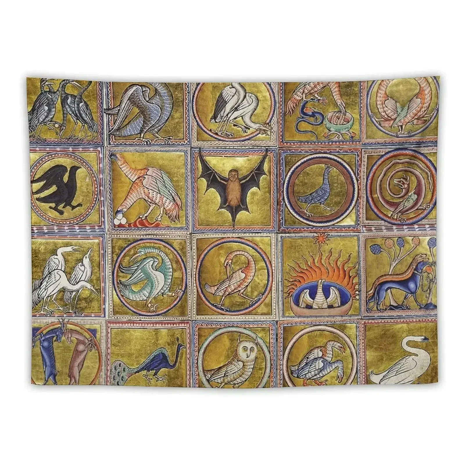 

MEDIEVAL BESTIARY, FANTASTIC ANIMALS IN GOLD RED BLUE COLORS Tapestry Decorative Wall Mural Decorations For Room Tapestry