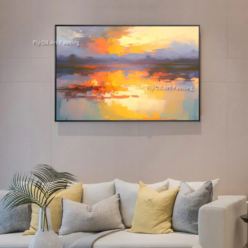 Handpainted Yellow Sunset Beautiful Seascape Thick Oil Painting Modern Sea View Landscape Canvas Wall Art For Living Room Decor