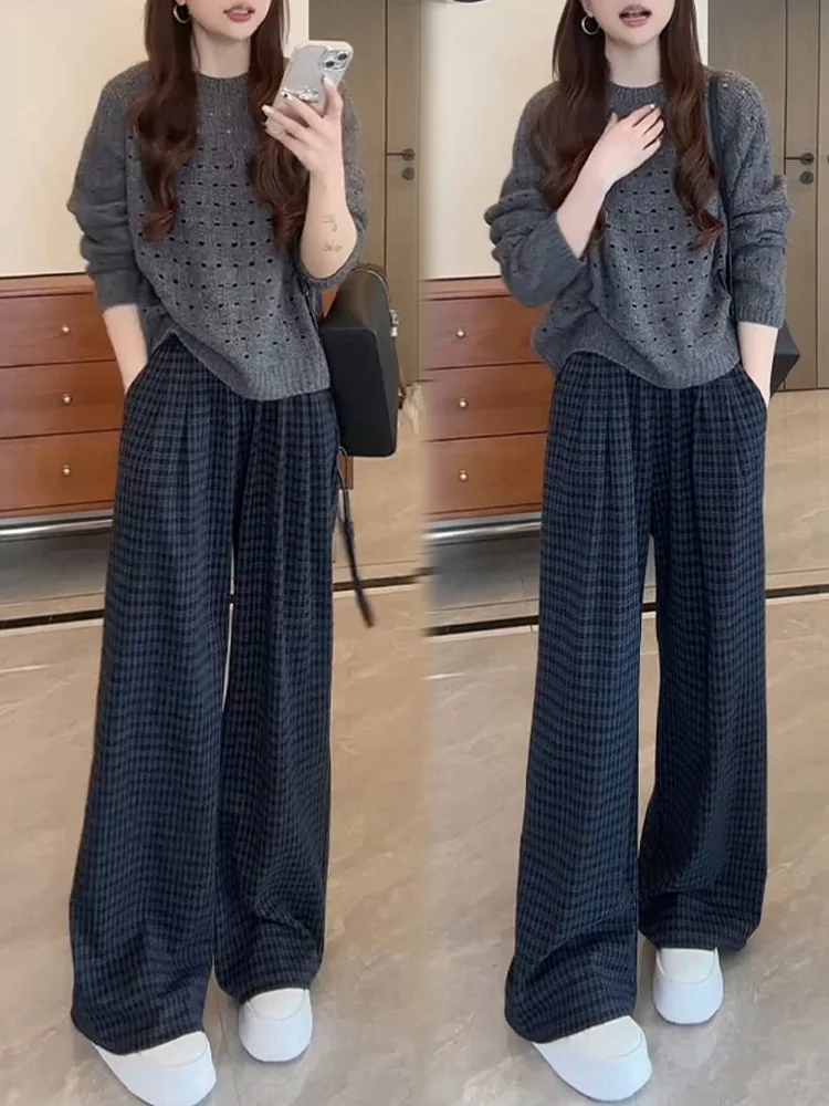 

Elegant Women's Two-Piece Set Loose Breathable Knitwear Long Straight Pants Comfortable Casual Style for Spring Autumn