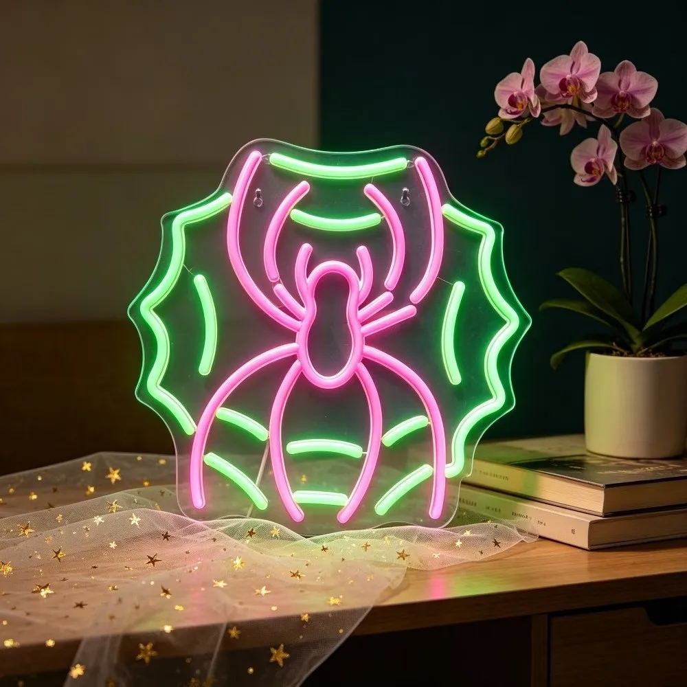 Spider Web LED Neon Sign Dual Green Pink USB Wall Lamp Halloween Bar Bedroom Decor