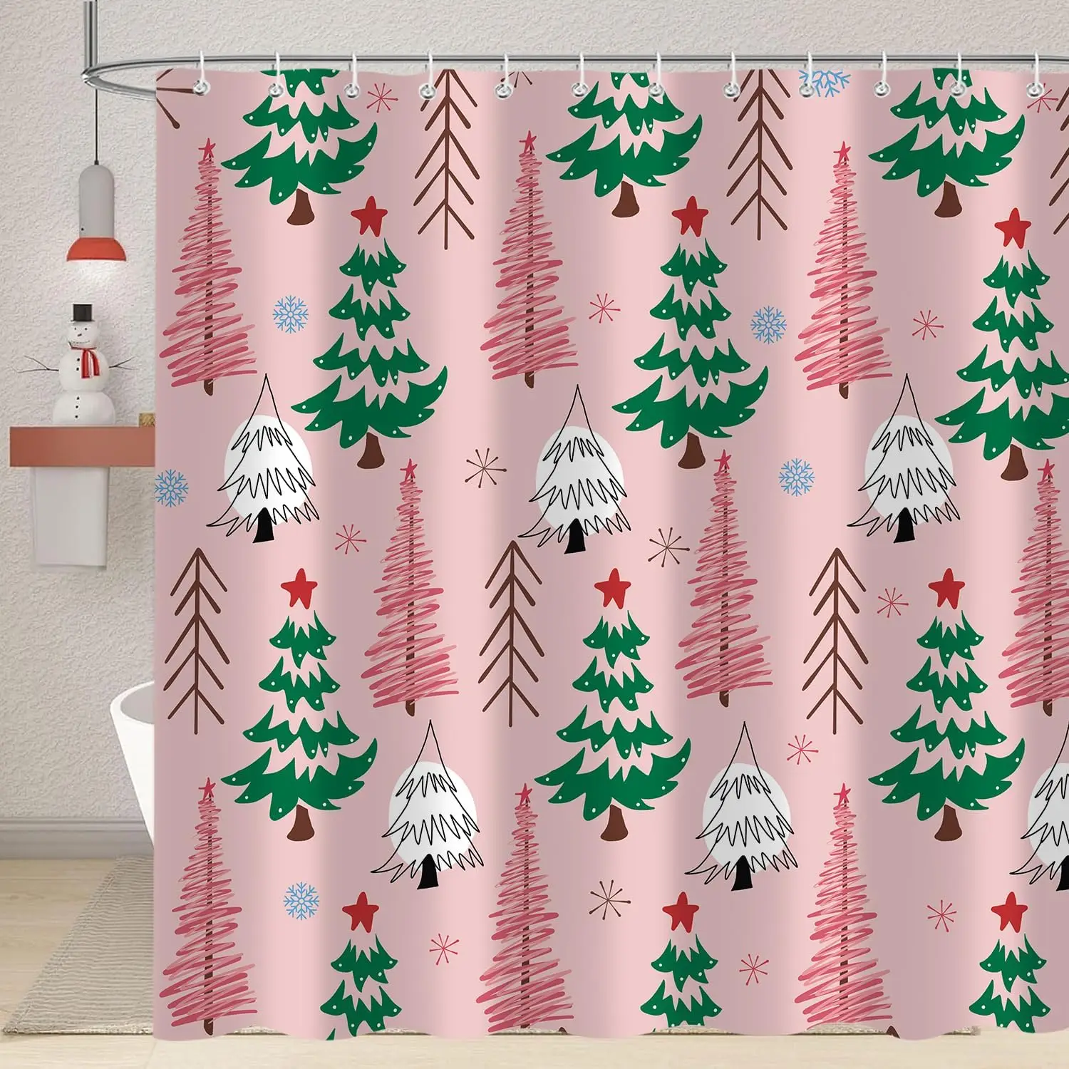 

Рождественская занавеска для душа с милой елкой, розовые рождественские елки, звезды, снежинки, художественная сосна, зимний праздничный декор, комплект занавесок для ванны,