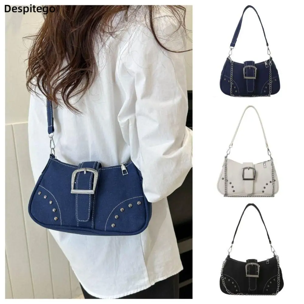 

Retro Denim Canvas Shoulder Bag Half-moon Shape Handbag Y2k Underarm Bag Casual Phone Bag