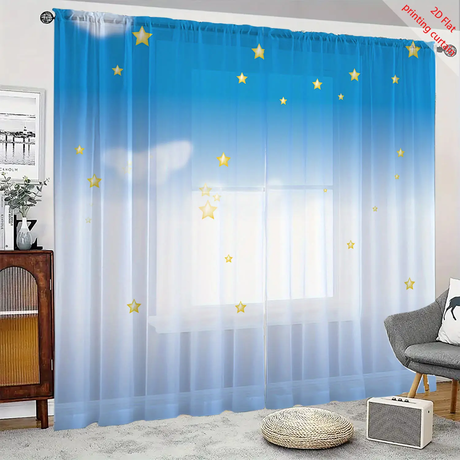 Cartoon star pattern printed screen curtain, transparent curtain, suitable for office, dormitory, home balcony window decoration