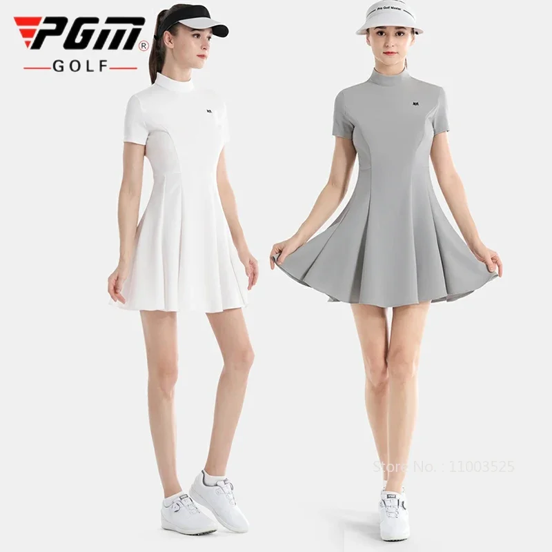 Pgm Women Summer Tennis Golf Dress High Waist Short Sleeve Skater Dresses Ladies Slim Back Zipper Skirts Golf Apparel S-XL